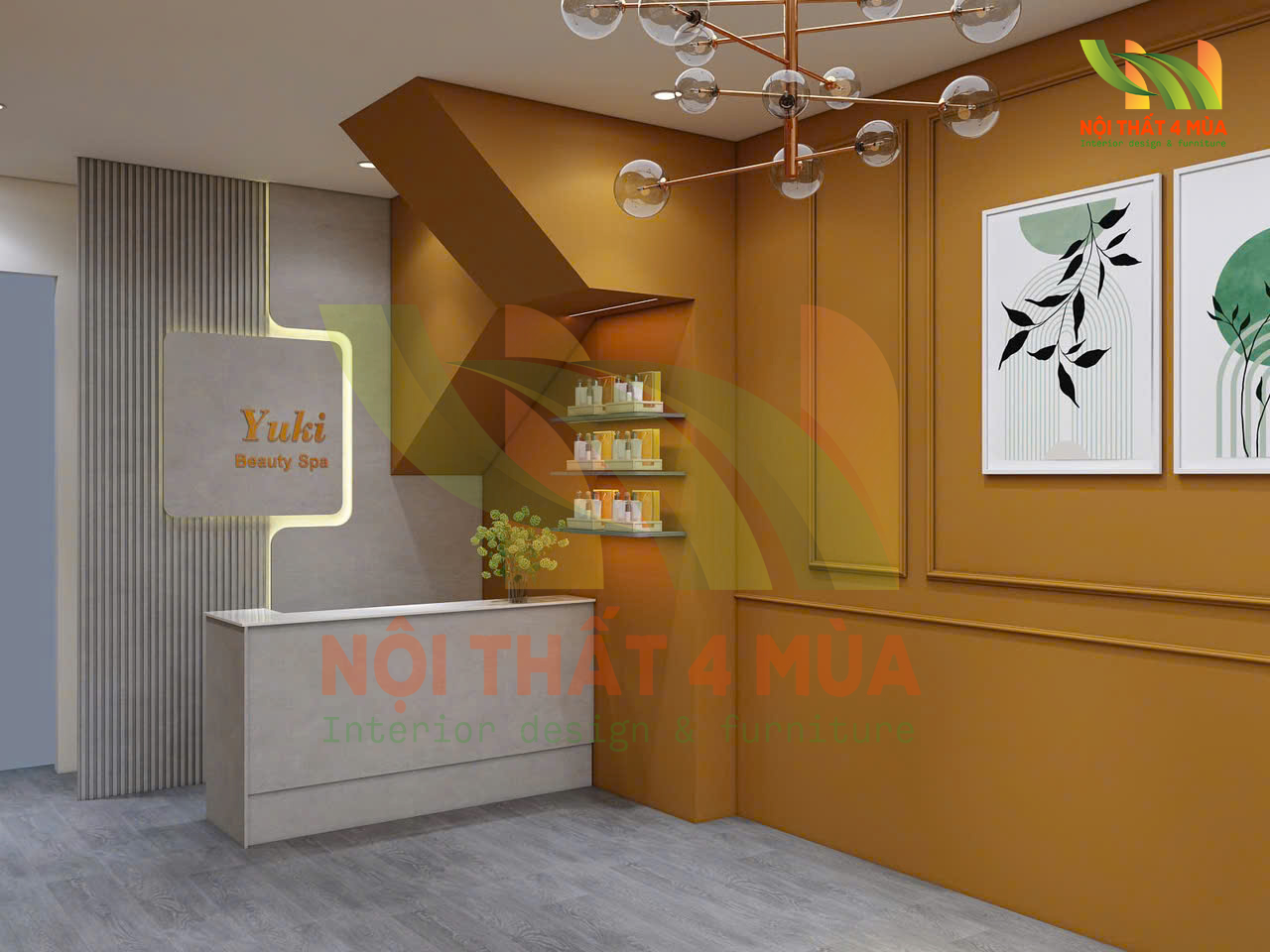 Thiết kế spa dưỡng sinh Yuki - Quận 10 4 Thiết kế nội thất lễ tân spa Yuki Beauty Spa Quận 10 với tông màu cam đất hiện đại.