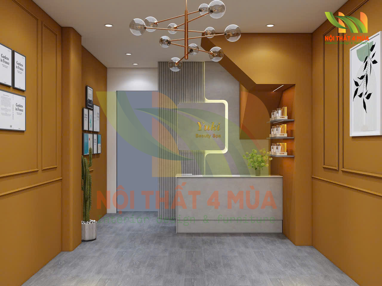 Thiết kế spa dưỡng sinh Yuki - Quận 10 3 Không gian lễ tân Yuki Spa – tông màu nâu cam ấm áp, nội thất tối giản, tinh tế và chuyên nghiệp.