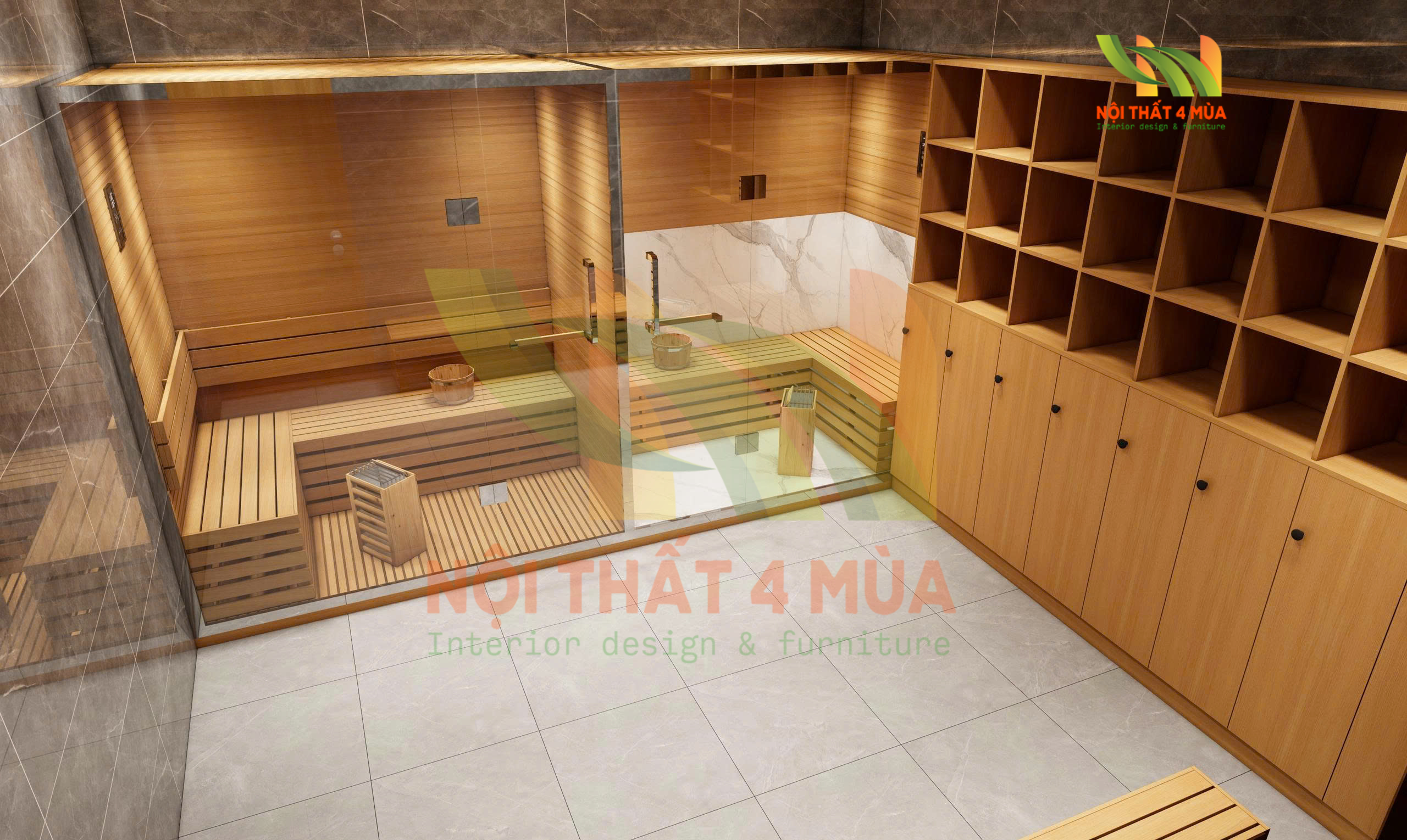 Thiết kế spa dưỡng sinh Yuki - Quận 10 7 Thiết kế phòng xông hơi gỗ spa Yuki – không gian rộng, sang trọng.