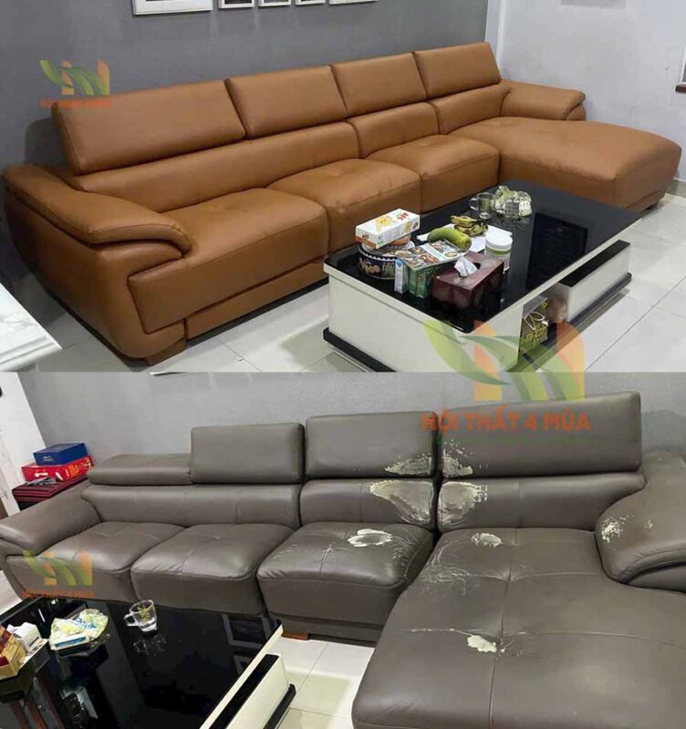 Hình ảnh trước - sau khi bọc ghế sofa màu nâu hiện đại