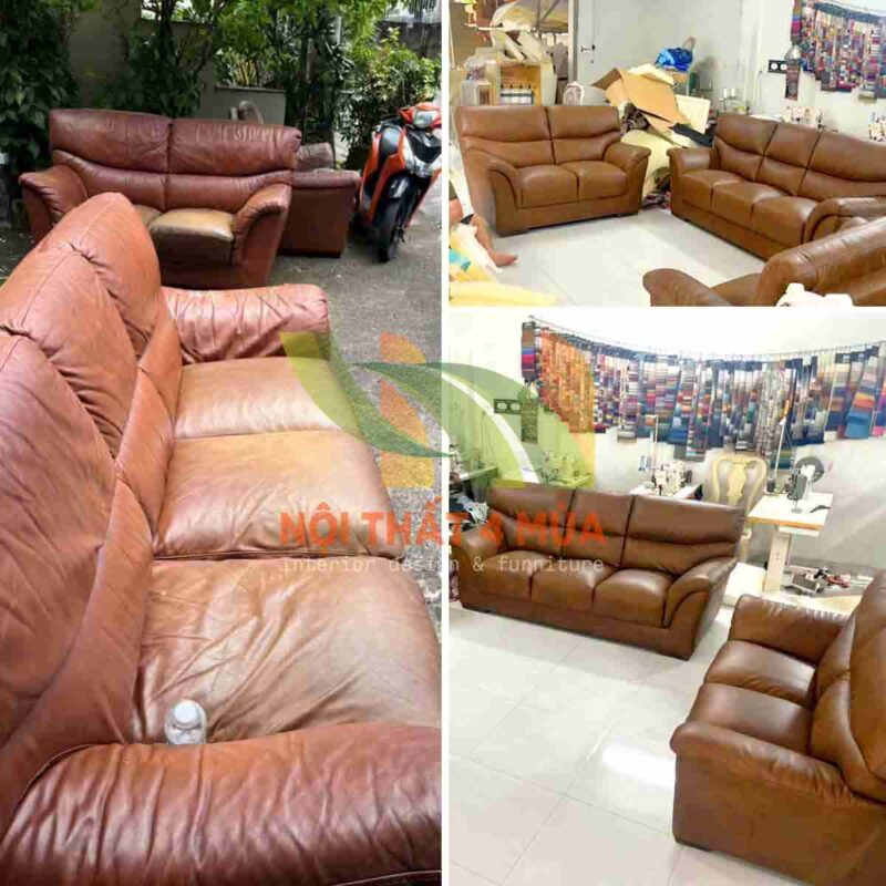 Trước và sau khi bọc lại bộ ghế sofa 7 chỗ cho phòng khách.