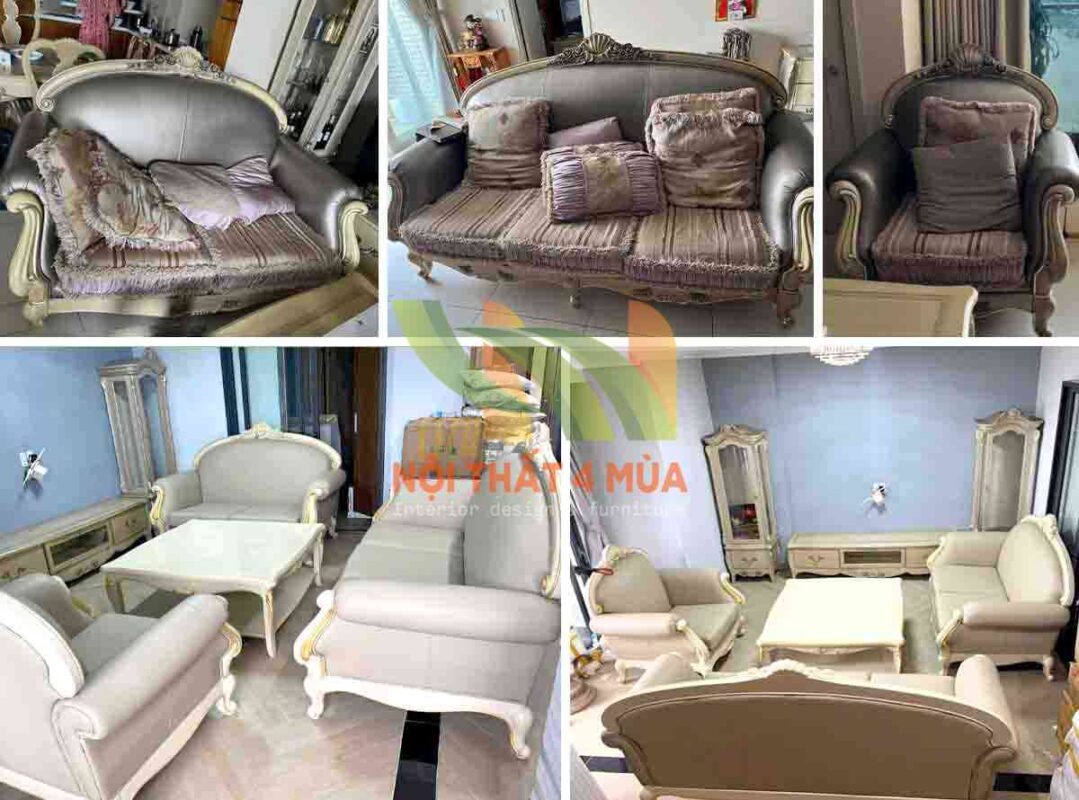 Hình ảnh bộ ghế sofa phòng khách trước và sau khi được bọc lại