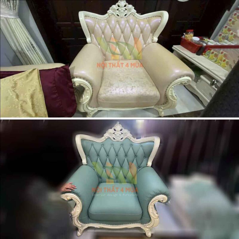 Bọc Da Simili Cho Bộ Sofa Phòng Khách - BLSF31 8 Hình ảnh trước và sau khi bọc da Simili cho ghế Sofa đơn