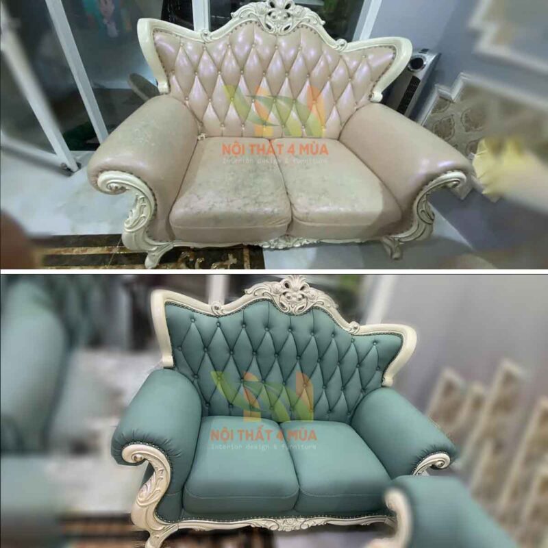 Bọc Da Simili Cho Bộ Sofa Phòng Khách - BLSF31 7 Hình ảnh trước và sau khi bọc da Simili cho ghế Sofa 2 chỗ.