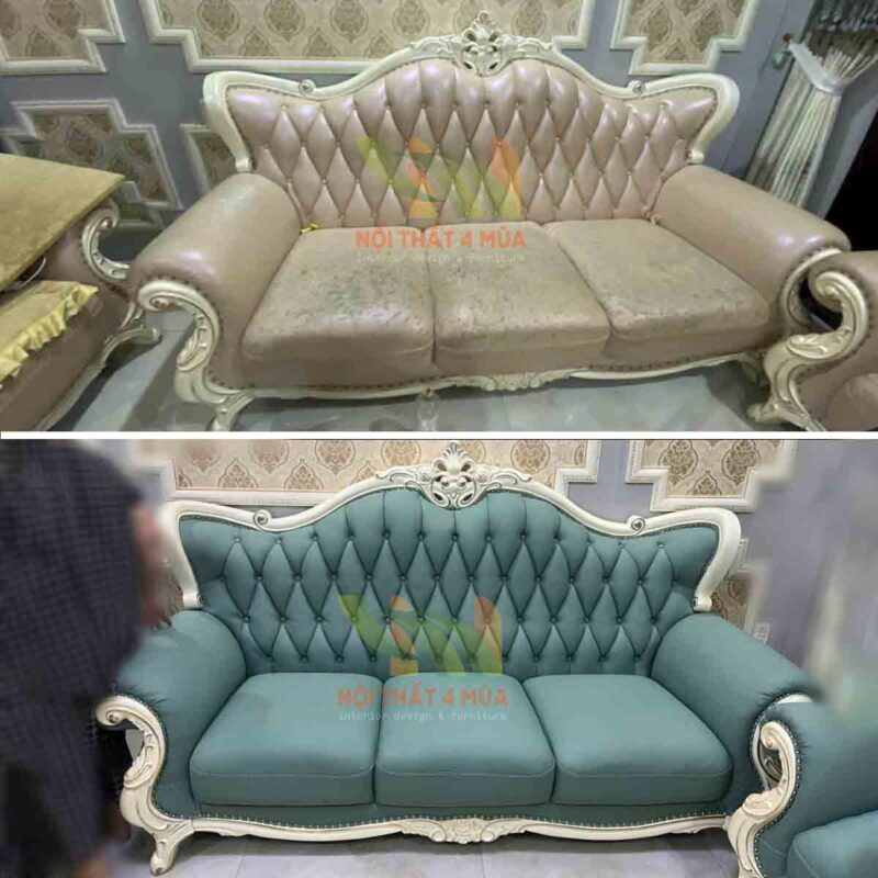 Bọc Da Simili Cho Bộ Sofa Phòng Khách - BLSF31 6 Hình ảnh trước và sau khi bọc da Simili cho Sofa 3 chỗ phòng khách.