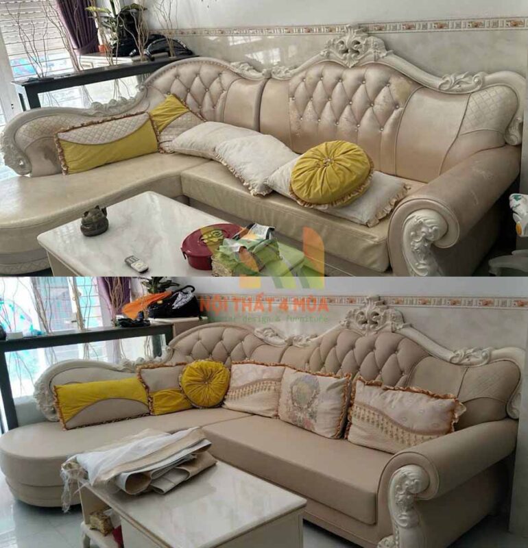 Sofa phòng khách trước và sau khi bọc lại da ghế