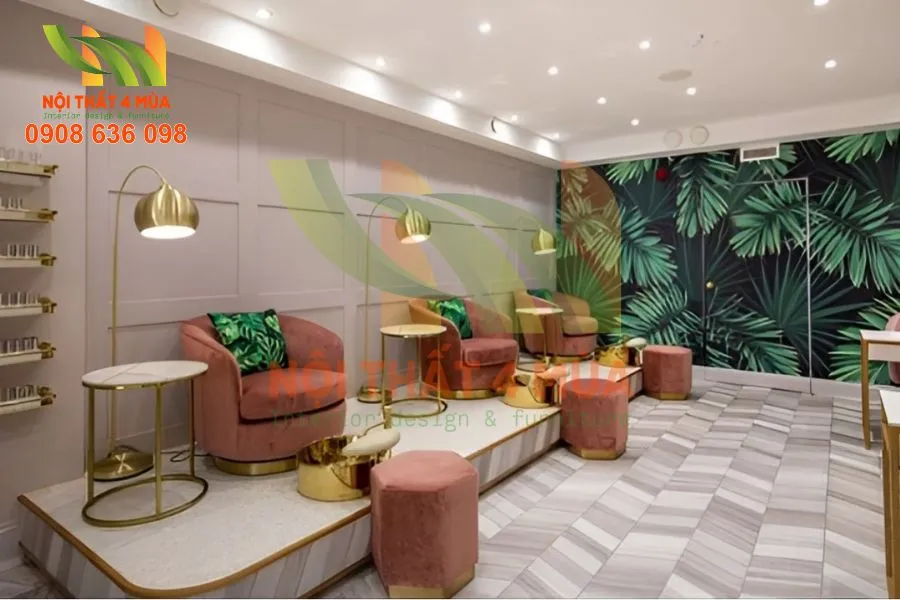 Không gian spa nổi bật nhờ bọc ghế sofa spa tone kem sang trọng