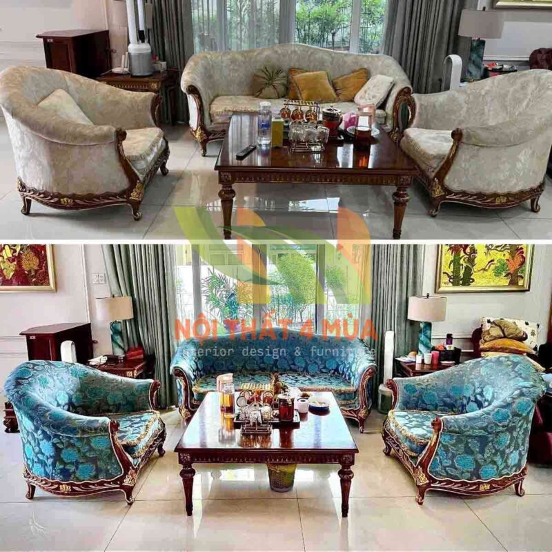Hình ảnh trước và sau khi bọc lại bộ ghế sofa cho phòng khách