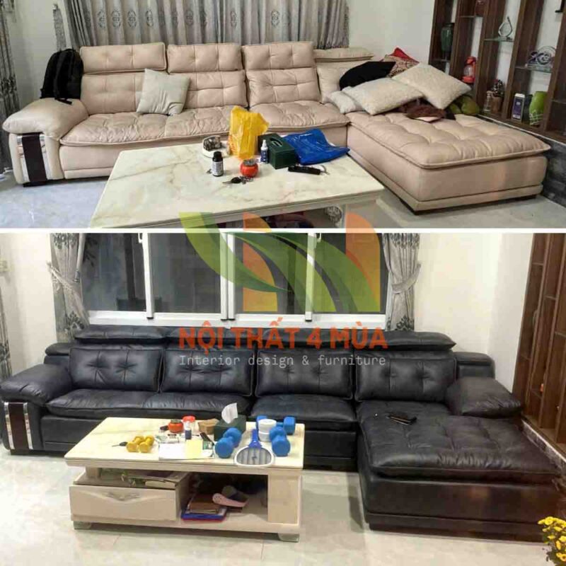 Hình ảnh trước và sau khi bọc lại ghế sofa tựa liền hiện đại