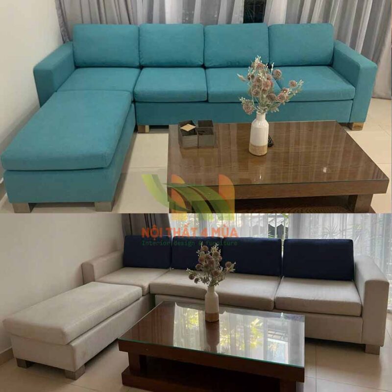 Hình ảnh so sánh trước và sau khi bọc ghế sofa góc chữ L dài 2m8