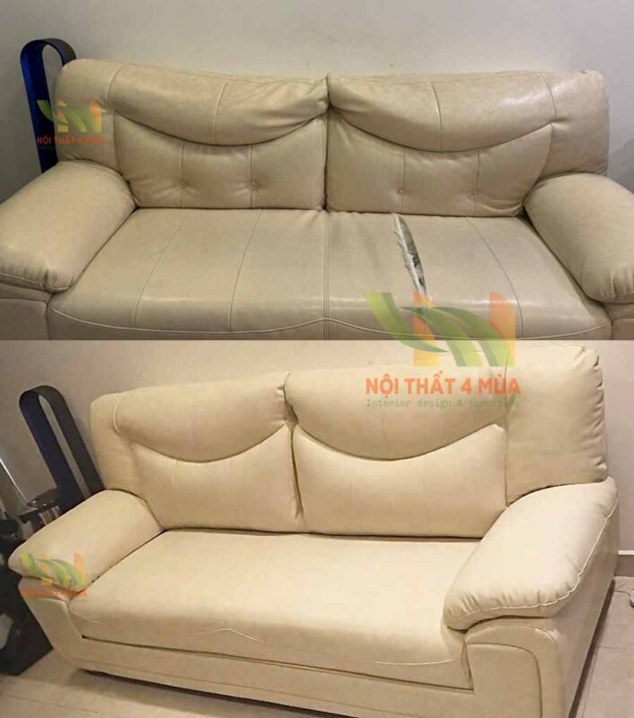 So sánh ghế sofa băng dài trước và sau khi bọc da lại