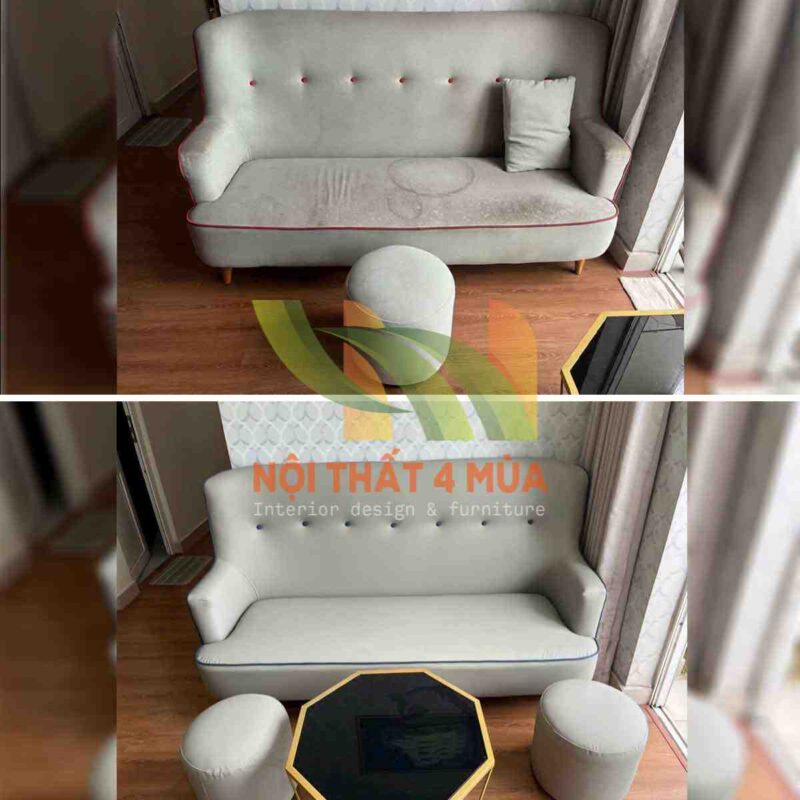 Hình ảnh trước và sau khi bọc lại da ghế sofa văng dài.