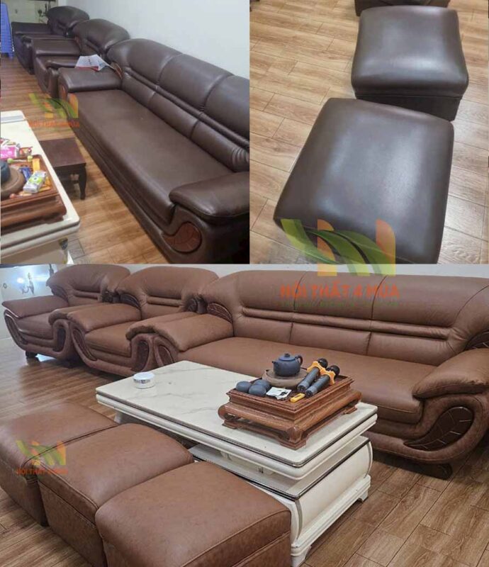 Hình ảnh trước và sau khi bọc ghế sofa da nâu cổ điển đẹp