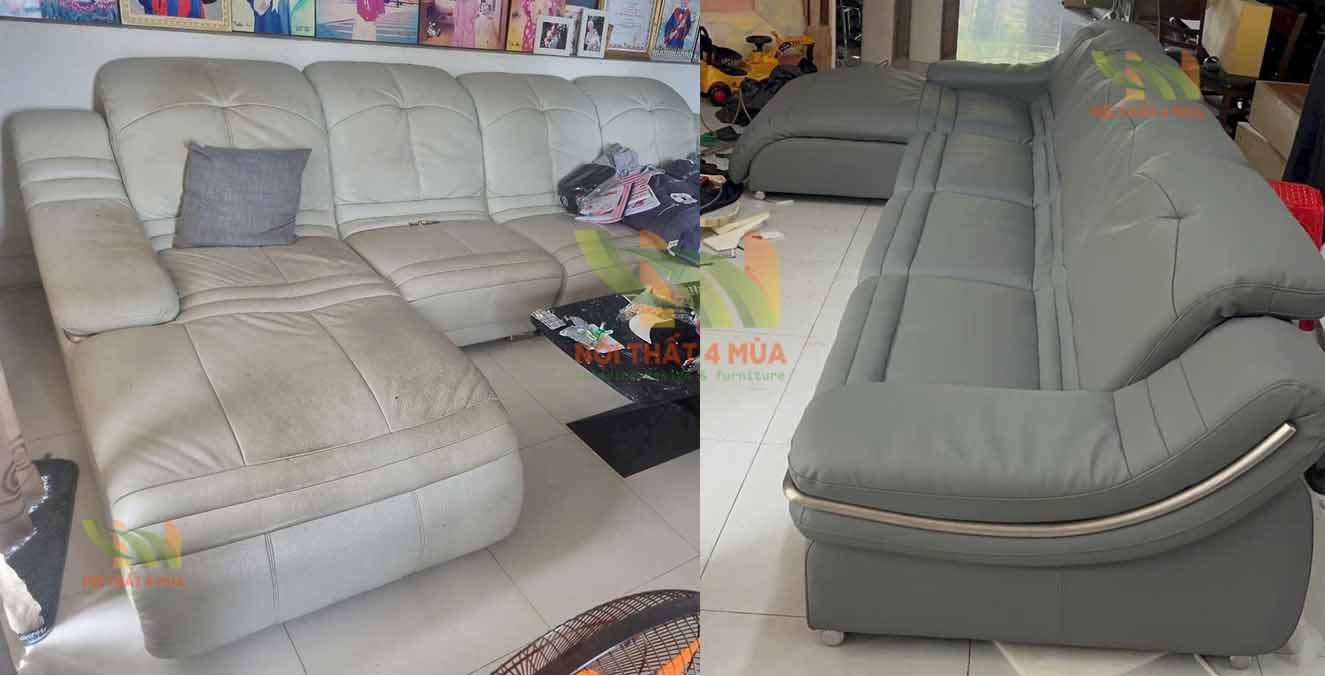 Trước và sau khi bọc lại ghế sofa màu xám