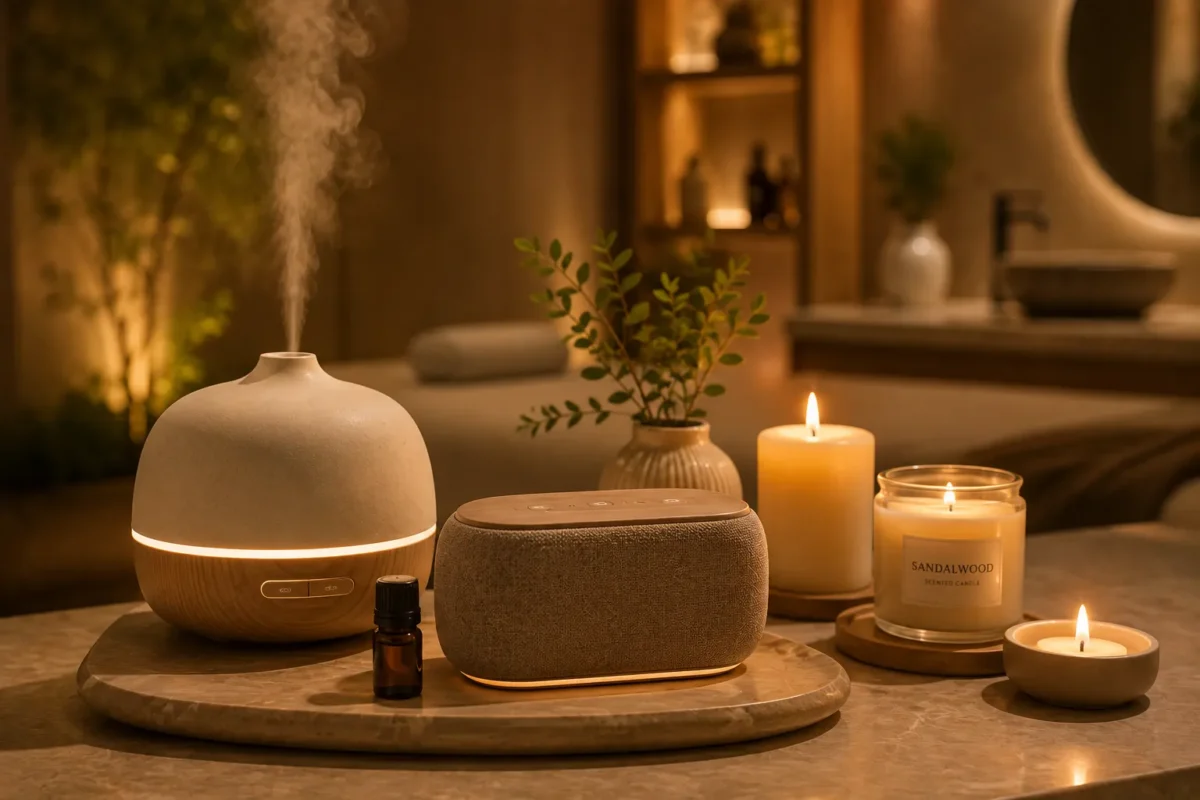 Mùi hương và âm thanh giúp không gian spa tăng cảm giác thư thái.