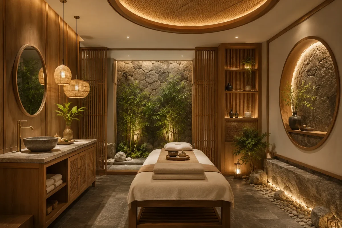 Vật liệu tự nhiên tạo cảm giác ấm áp và gần gũi cho không gian spa.