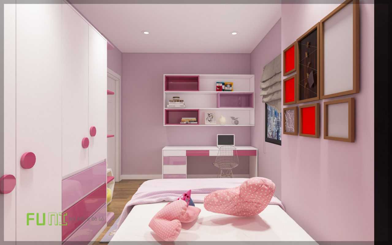 Thi công nội thất phòng ngủ giá rẻ cho bé thiết kế mầu hồng