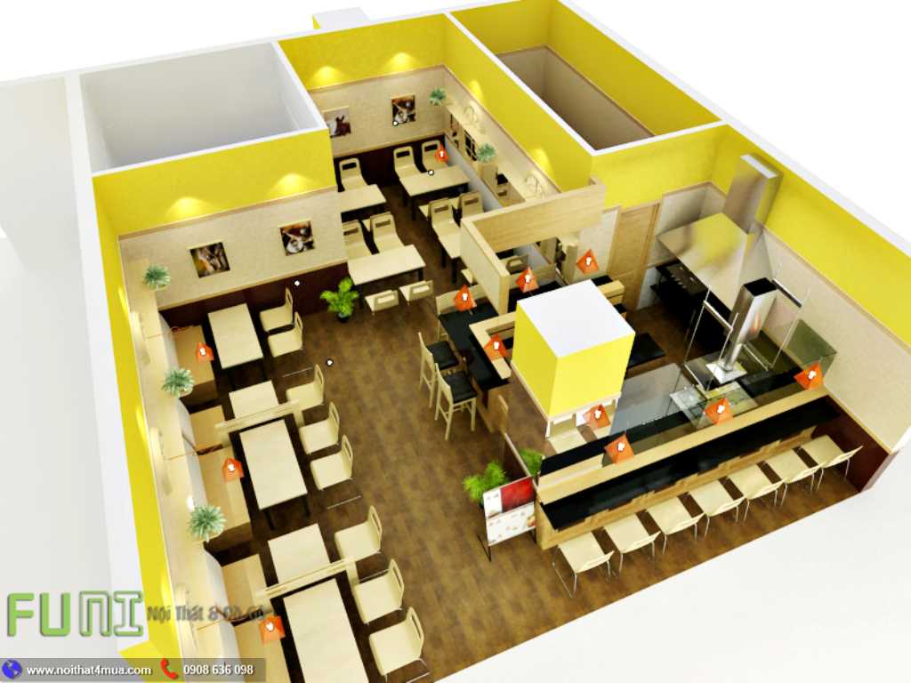 Mặt bằng 3D thiết kế nội thất nhà hàng tại funi Mặt bằng 3D thiết kế nội thất nhà hàng tại funi