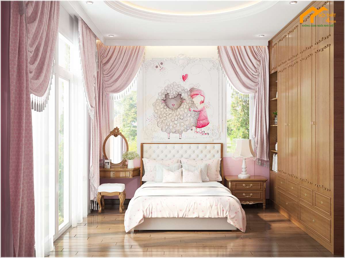 Mẫu phòng ngủ bé gái màu hồng phấn Mẫu thiết kế phòng ngủ trẻ em phong cách tân cổ điển