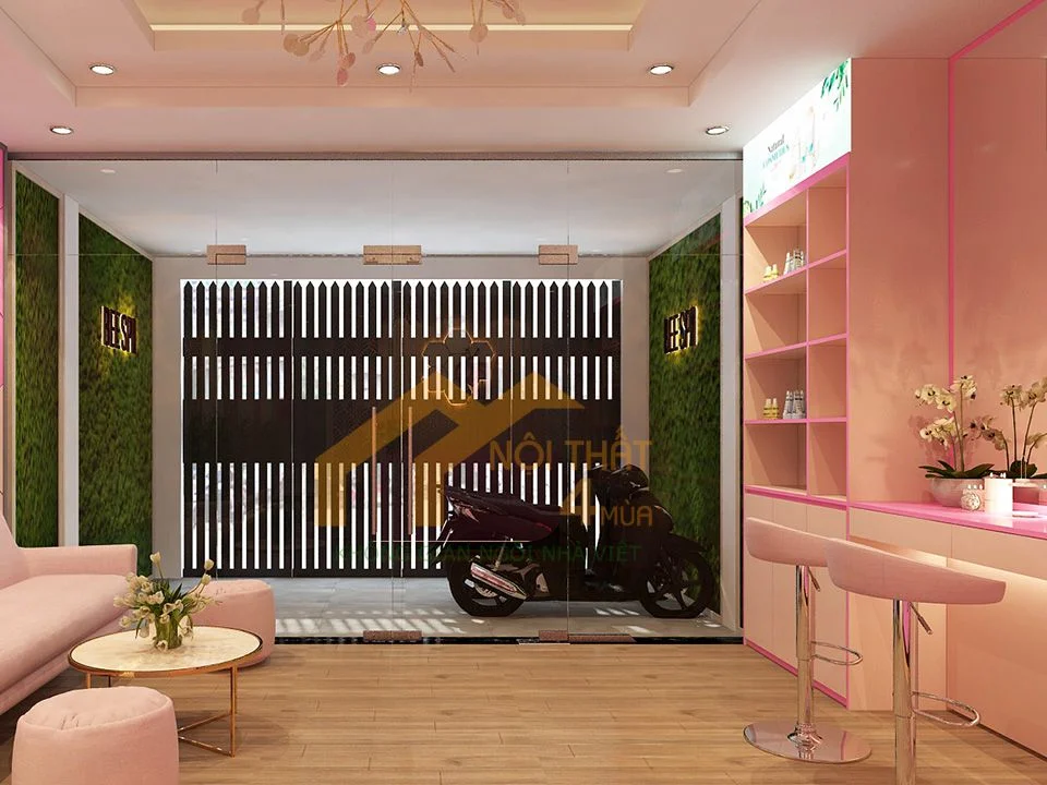 Tủ mỹ phẩm phòng khách spa màu hồng đẹp Tủ mỹ phẩm phòng khách spa màu hồng đẹp