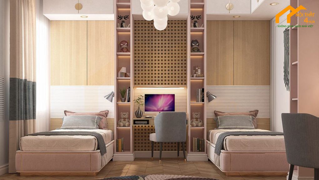 Mẫu phòng ngủ giường đôi cho 2 bé gái Mẫu phòng ngủ bé gái 2 giường đơn cá tính