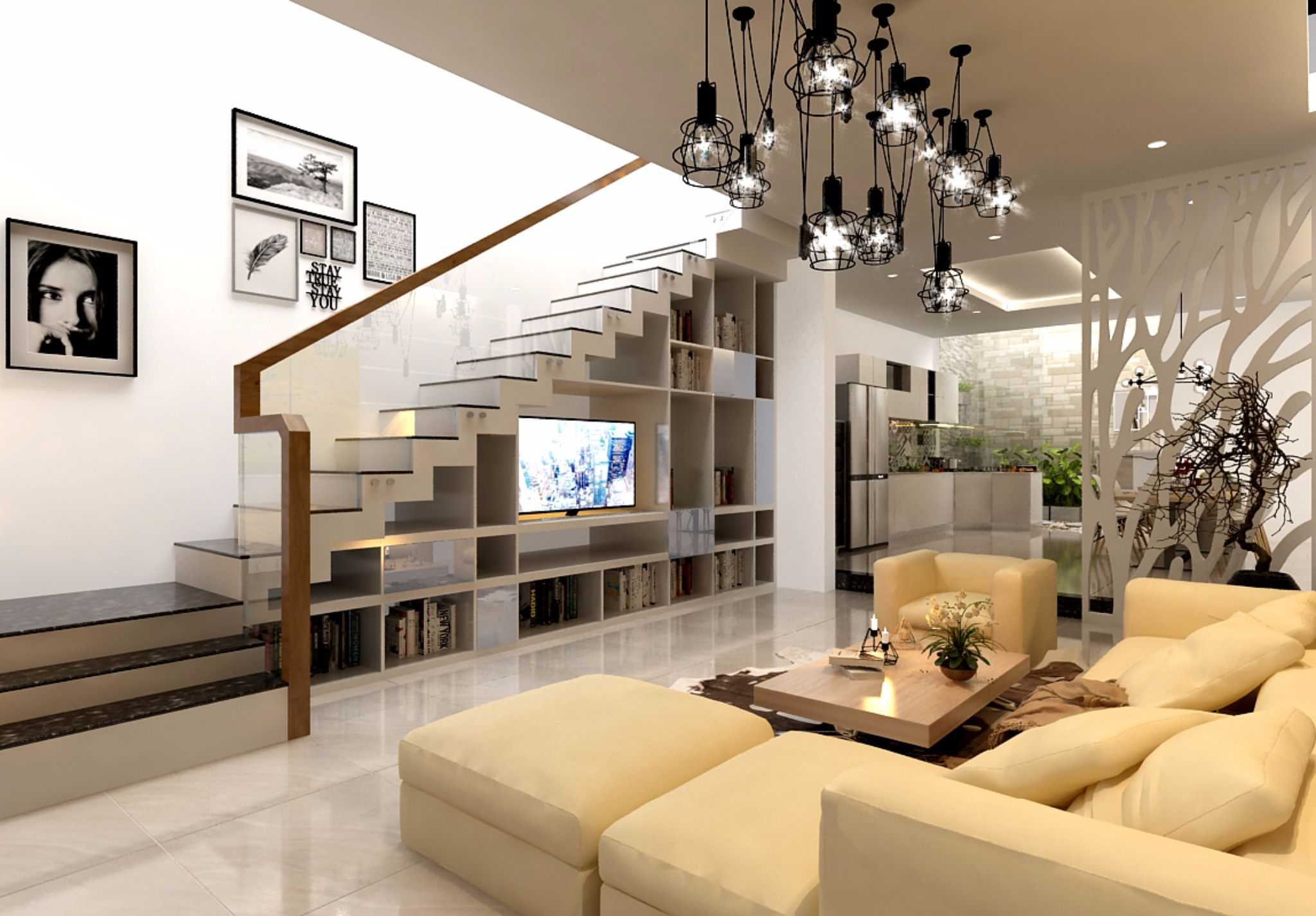 Phối cảnh phòng khách kết hợp phòng bếp nhà ống đẹp Phòng khách nhà ống đẹp