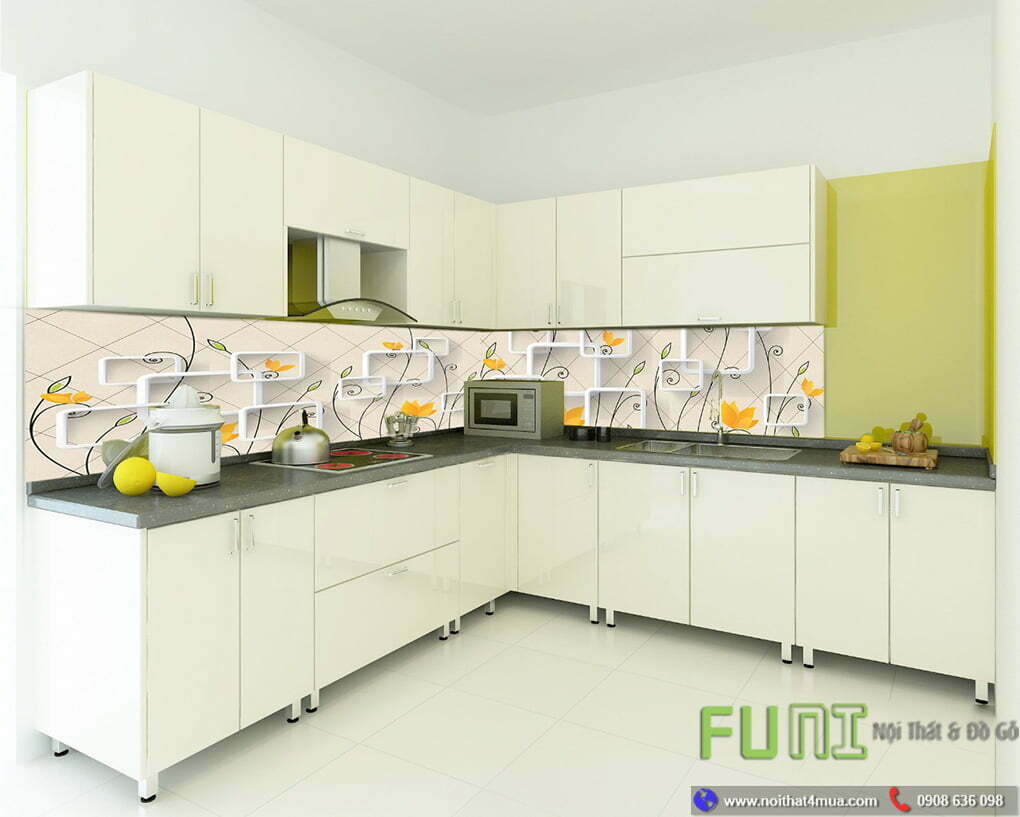Mẫu kính ốp bếp hoa văn cánh cho căn bếp xinh