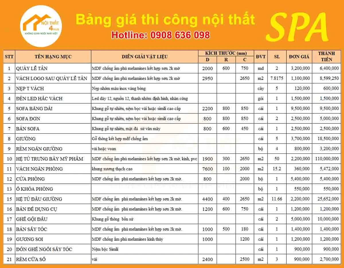 Báo giá thi công nội thất spa