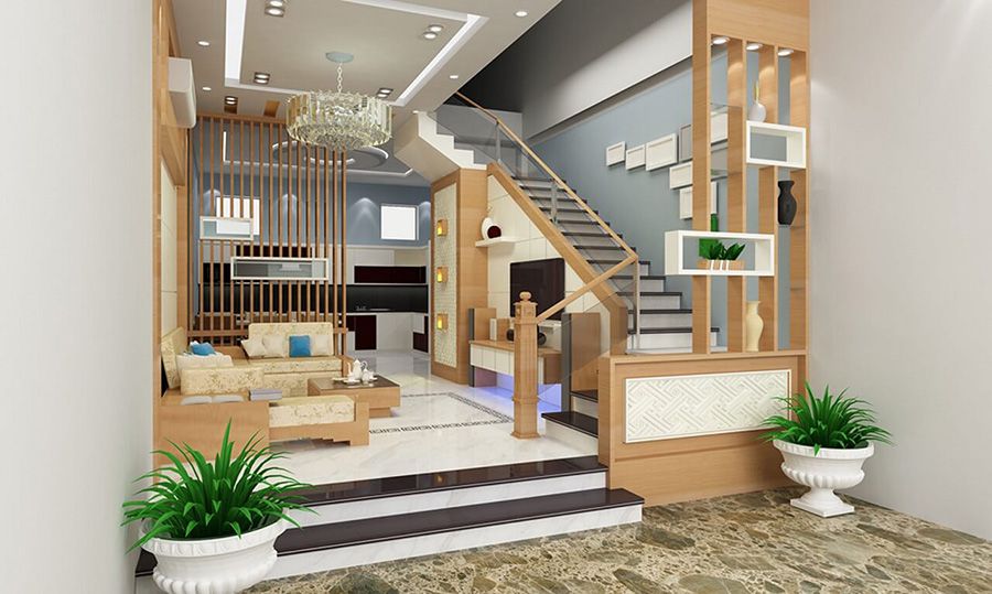 Mẫu vách ngăn phòng khách giả gỗ đẹp