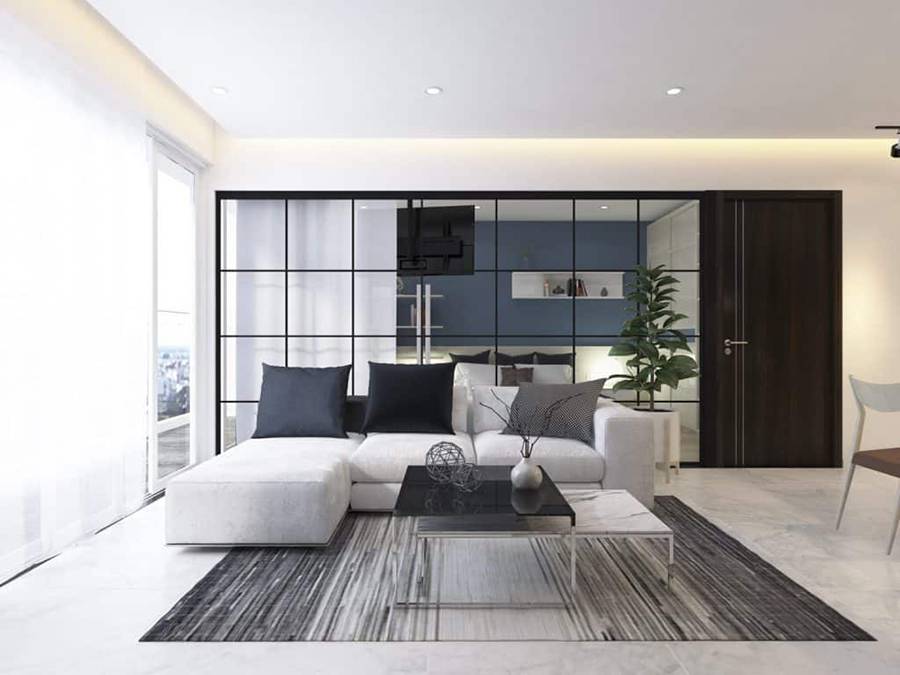 Vách ngăn phòng khách bằng kính cường lực