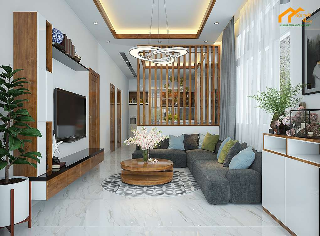 Mẫu vách ngăn phòng khách bằng gỗ