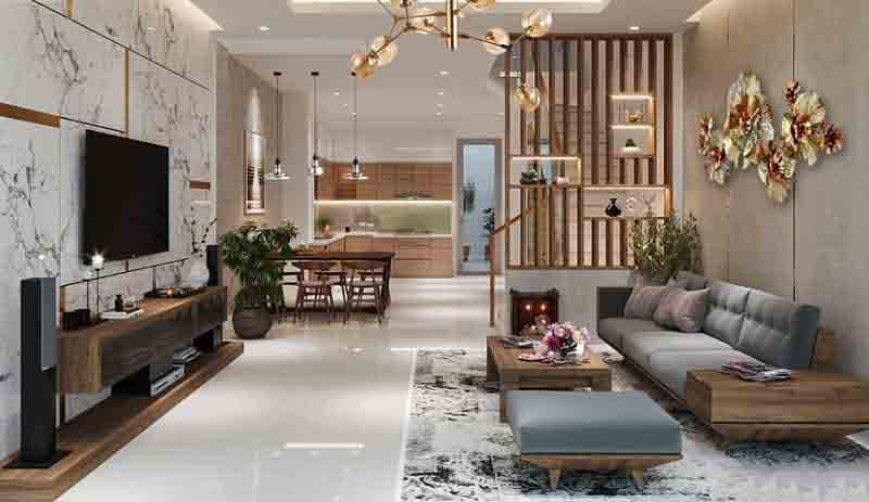 Mẫu vách ngăn phòng khách bằng gỗ