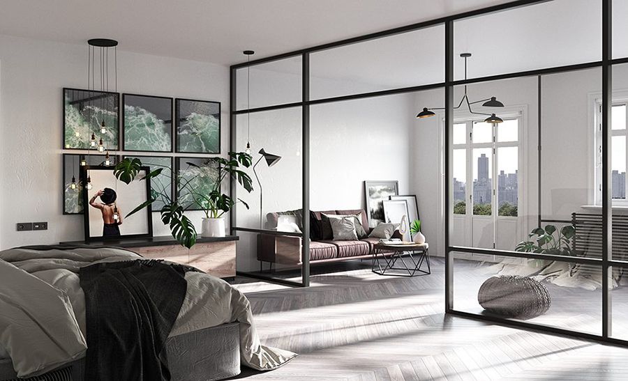 Vách ngăn phòng khách bằng kính hoặc nhôm kính