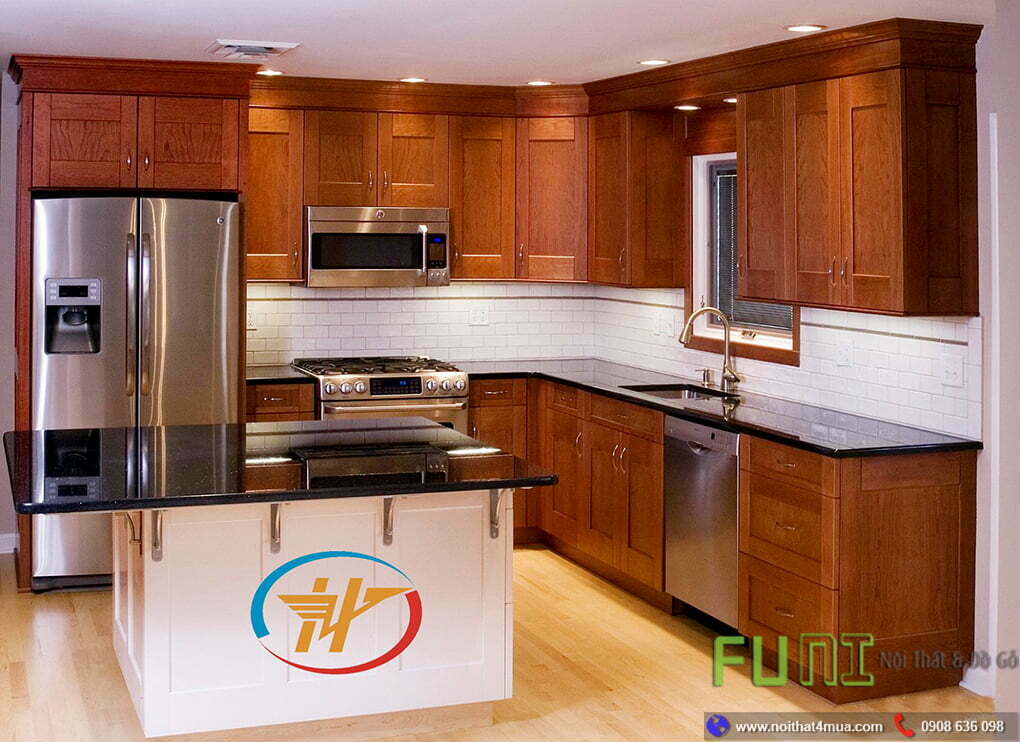 Mẫu tủ bếp gỗ xoan đào chữ L đẹp Mẫu tủ bếp gỗ xoan đào chữ L đẹp