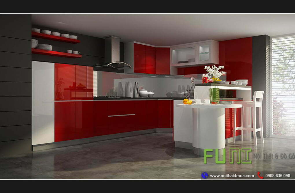 Tủ bếp cánh acrylic đỏ thùng bằng inox