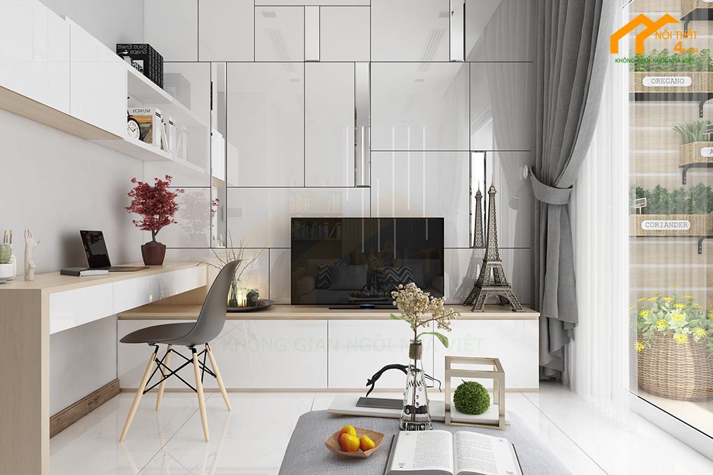 Cách chọn mẫu kệ tivi phòng khách căn hộ chung cư đẹp 20 Kệ tivi phòng khách kết hợp bàn làm việc