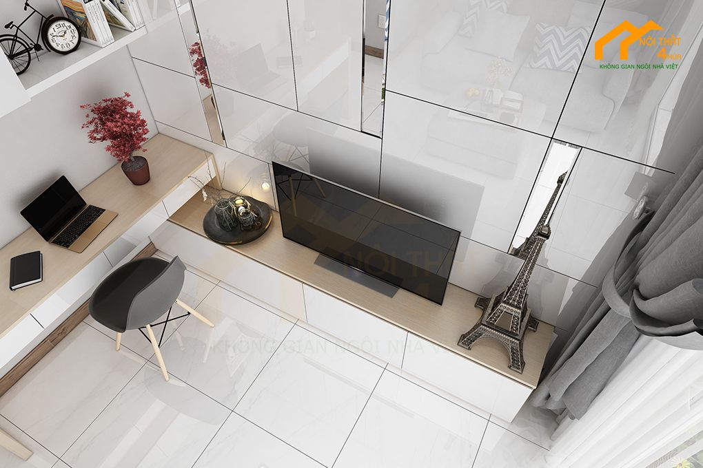 Cách chọn mẫu kệ tivi phòng khách căn hộ chung cư đẹp 19 Kệ tivi phòng khách kết hợp bàn làm việc