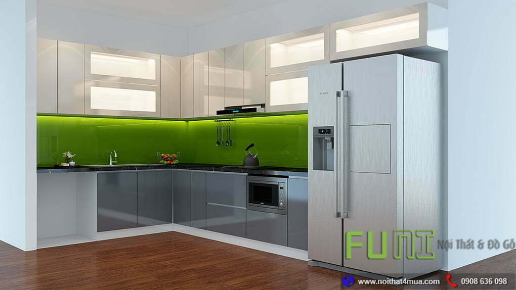 Mẫu tủ bếp acrylic bóng gương hiện đại
