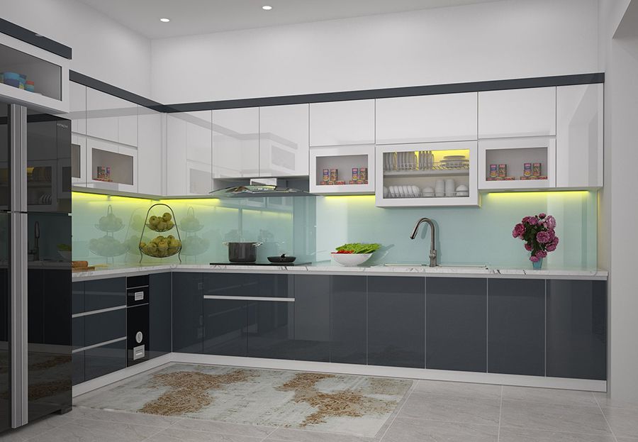 Mẫu tủ bếp inox cánh Acrylic bóng gương