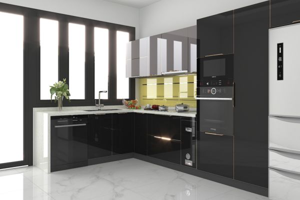 Mẫu tủ bếp inox cánh kính
