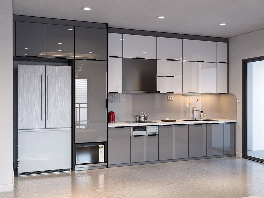 Mẫu tủ bếp inox cánh Acrylic bóng gương