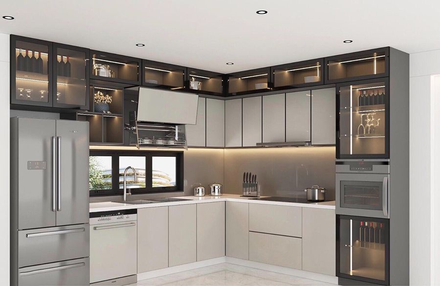 Mẫu tủ bếp inox cánh kính