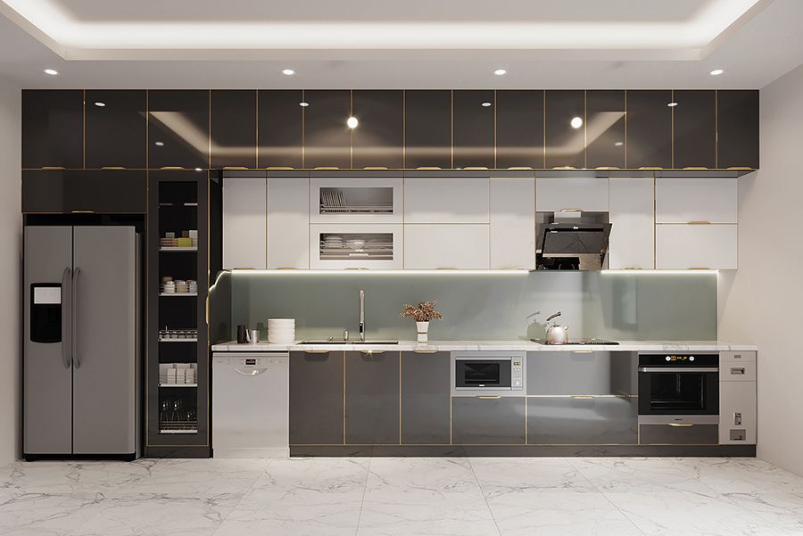 Mẫu tủ bếp inox cánh kính