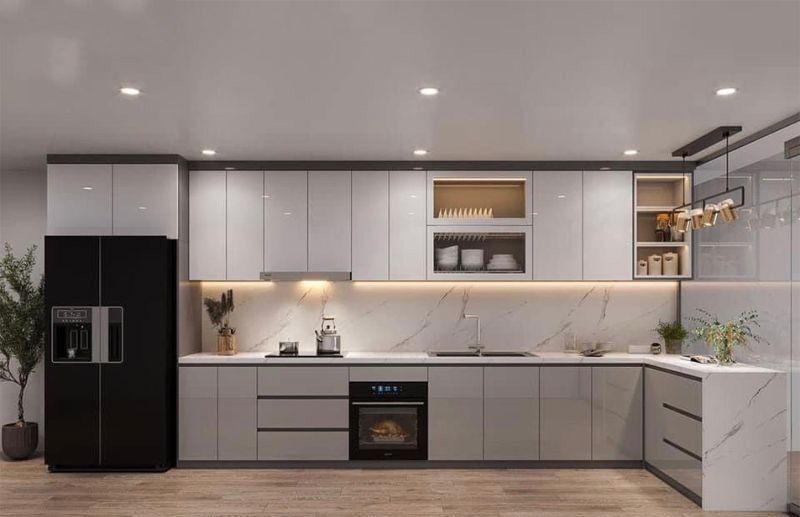Mẫu tủ bếp inox cánh Acrylic bóng gương