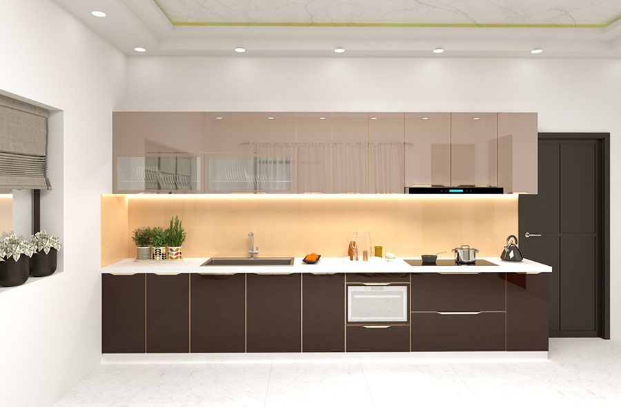 Mẫu tủ bếp inox cánh Acrylic bóng gương