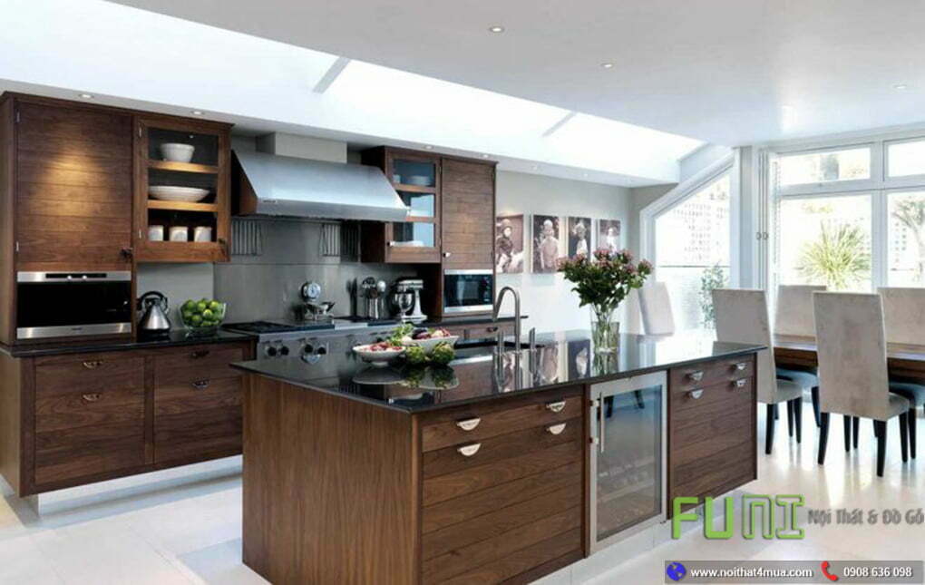 Mẫu thiết kế tủ bếp gỗ óc chó đẹp