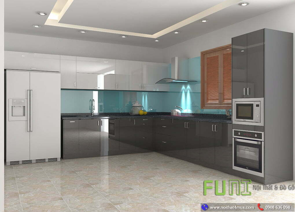 Mẫu tủ bếp làm bằng thùng inox cánh acrylic đẹp Mẫu tủ bếp làm bằng thùng inox cánh acrylic đẹp