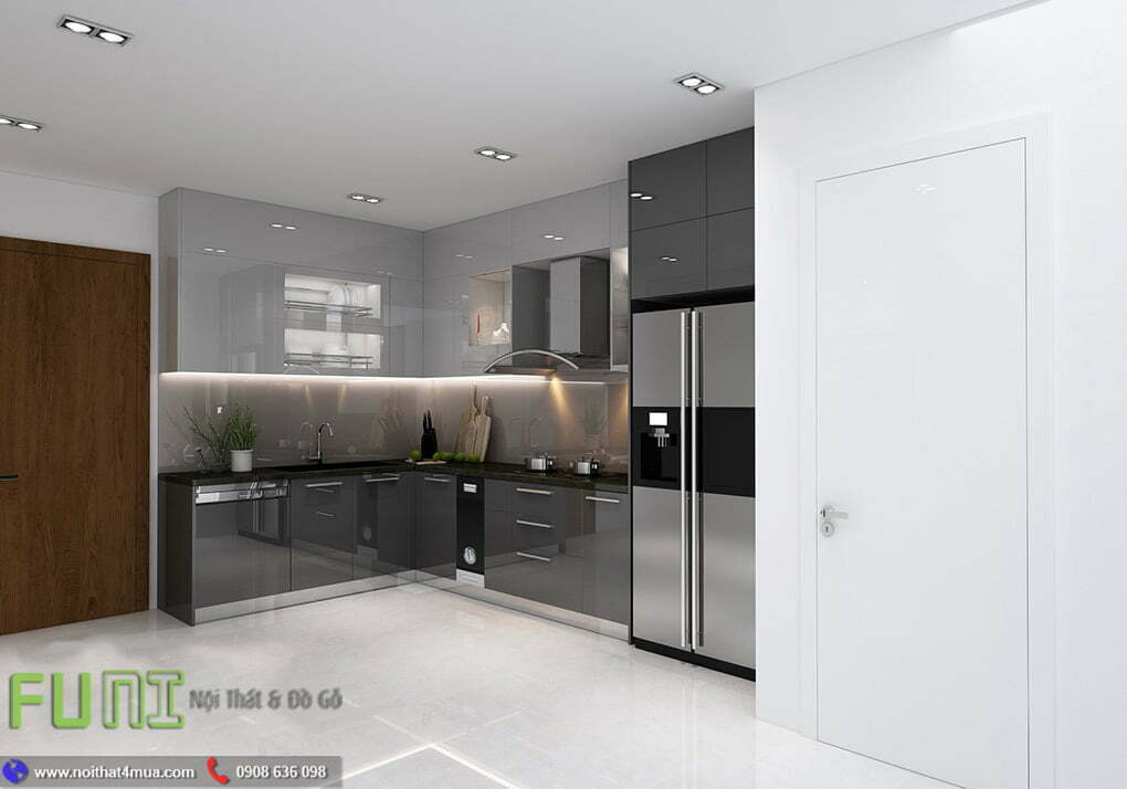 Tủ bếp acrylic màu xám cao cấp