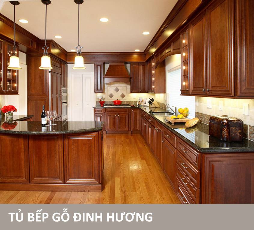 Thiết kế tủ bếp gỗ hương sang trọng