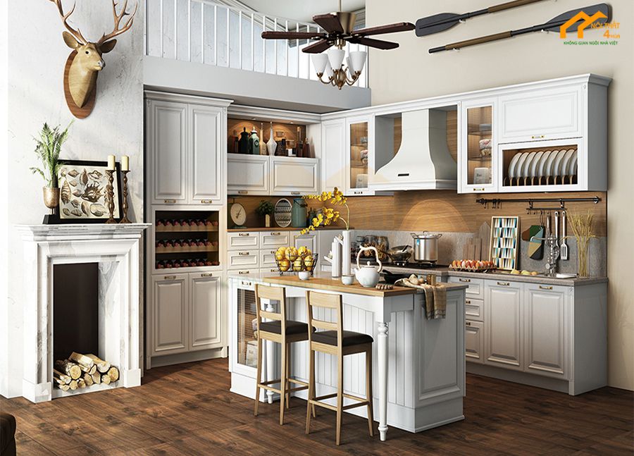 Mẫu tủ bếp gỗ veneer có quầy bar đẹp
